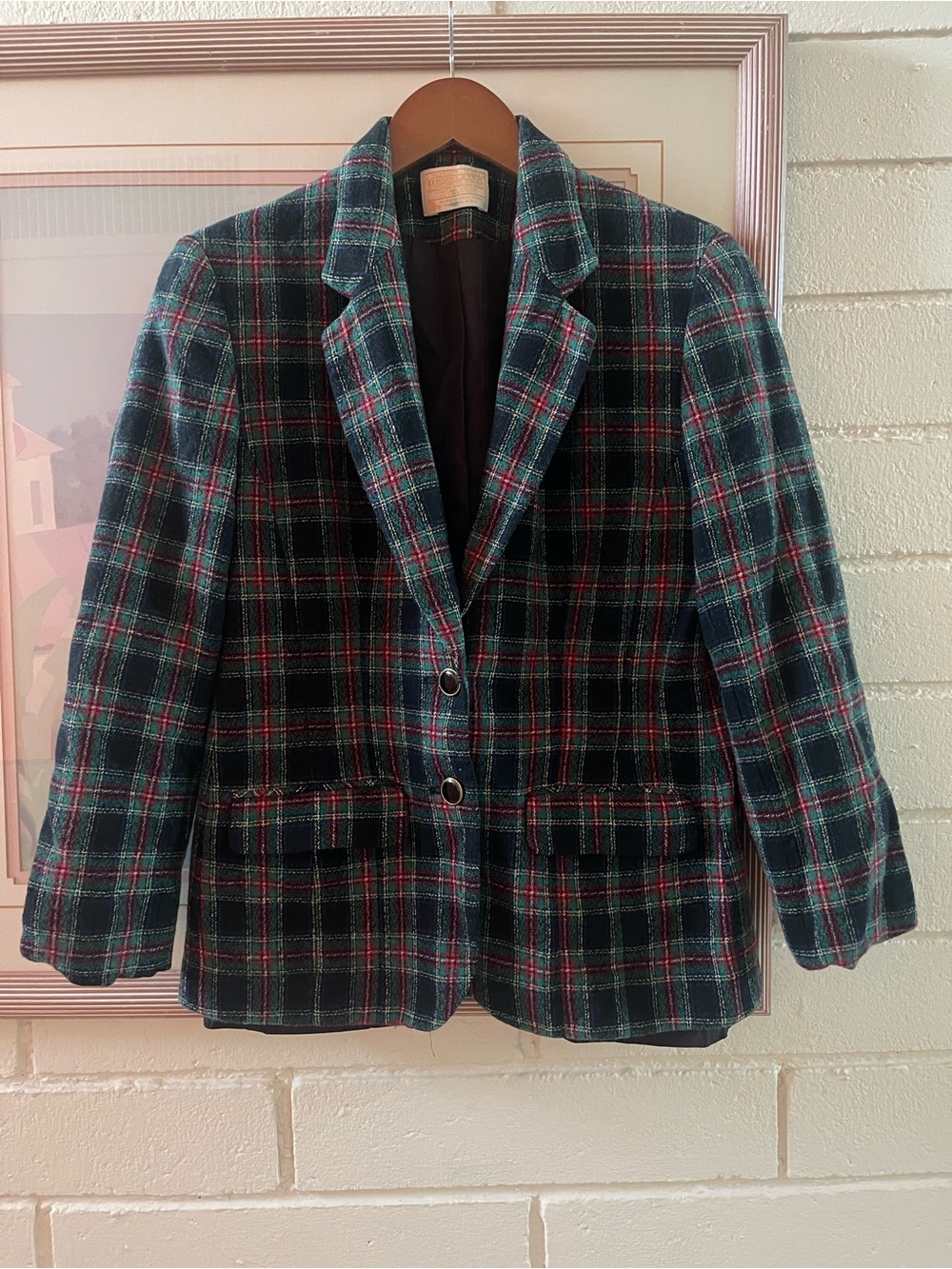 Pendleton Vintage Tartan Plaid Pure Virgin Wool Blazer Green & Black